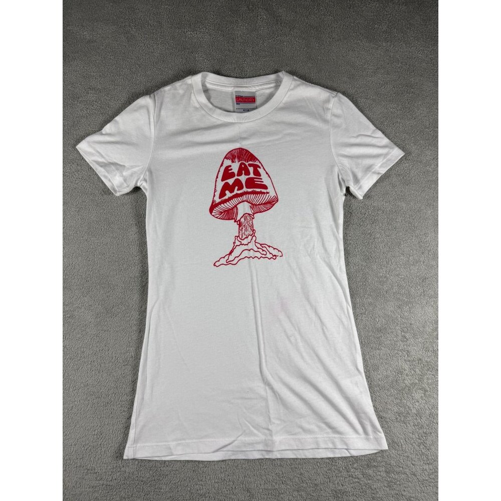 24hr Laundry Retro Eat Me White Graphic Baby Doll T-Shirt With Red Mushroom Desi